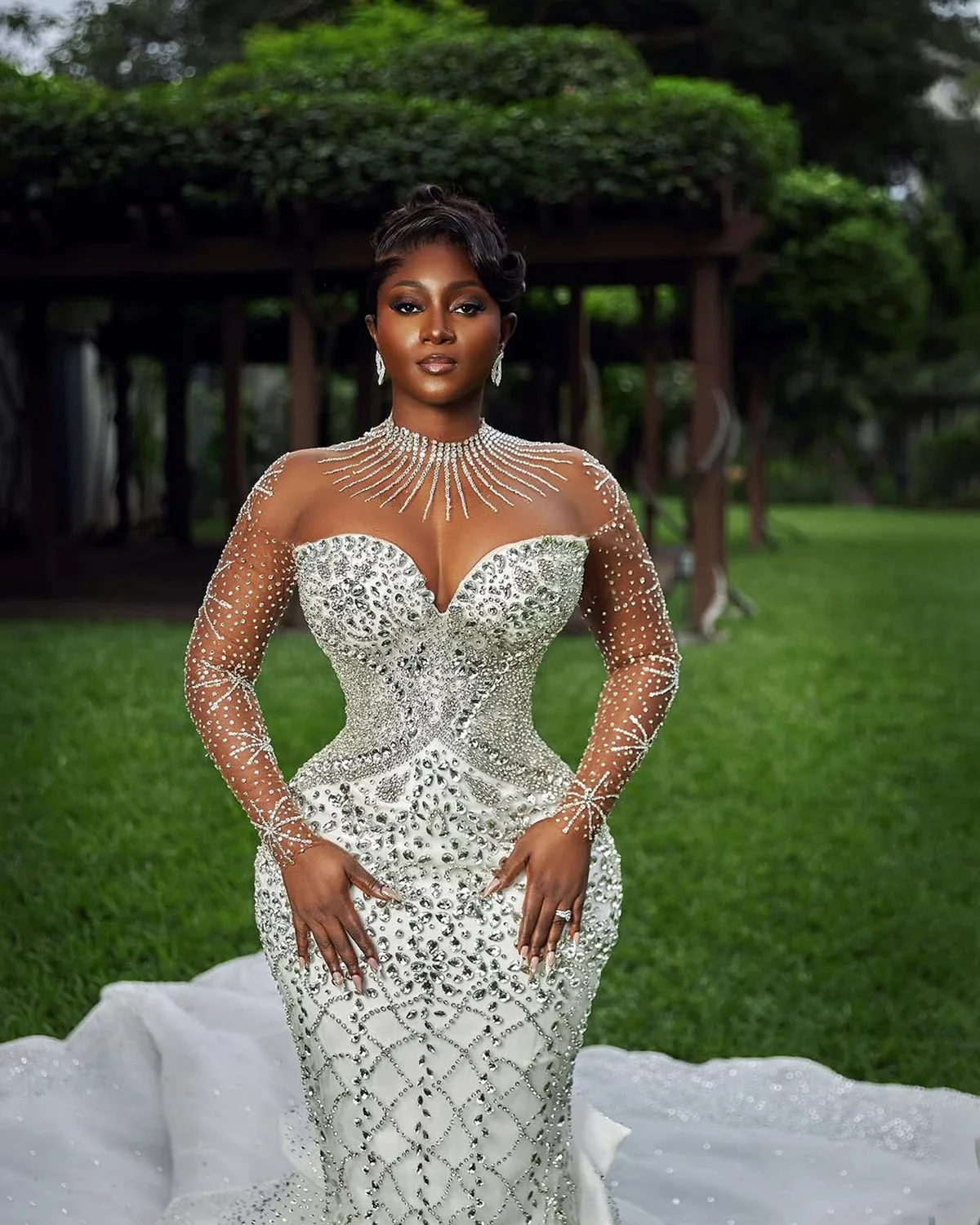 Customized Illusion High Collar Sparkly Heavy Crystals Beads Luxury Mermaid Wedding Dress Plus Size Long Sleeves Bridal Gown