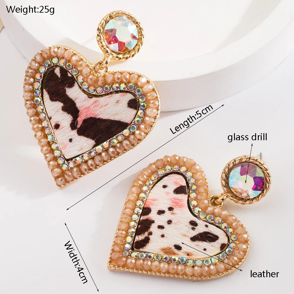 Retro leopard print leather love earrings women's alloy diamond-encrusted crystal exaggerated temperament earrings independent s