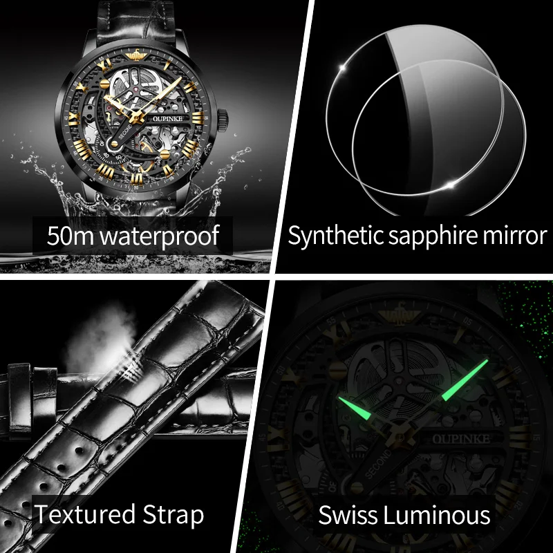 OUPINKE 3173 Top Brand Mechanical Watch For Men Hollow Deep Waterproof Automatic Wristwatch Roman Scale Original Man Watches