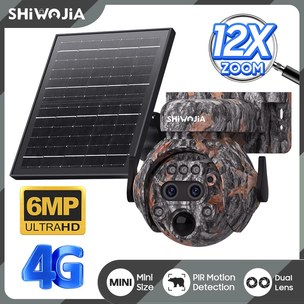 SHIWOJIA 5MP 4G Solar PTZ Camera Wireless Outdoor Security Camera Human Motion Detection Two‑Way Audio Color Night Vision IP66