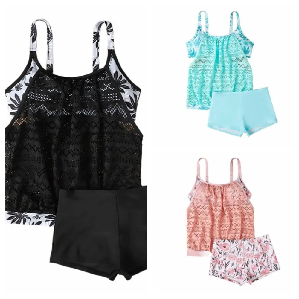 ดอกไม้หวานชุดว่ายน้ําแขนกุด PLUS ขนาด Hollow OUT 2 ชิ้นชุดว่ายน้ํา Beachwear Camisole กางเกงขาสั้นสระว่ายน้ํา