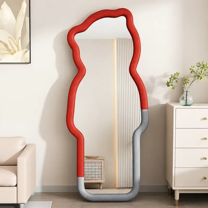 Bear Shaped Full Body Floor Mirror Wavy Edge Cream Style Standing Mirror for Bedroom Living Room Home Decor Full Length
