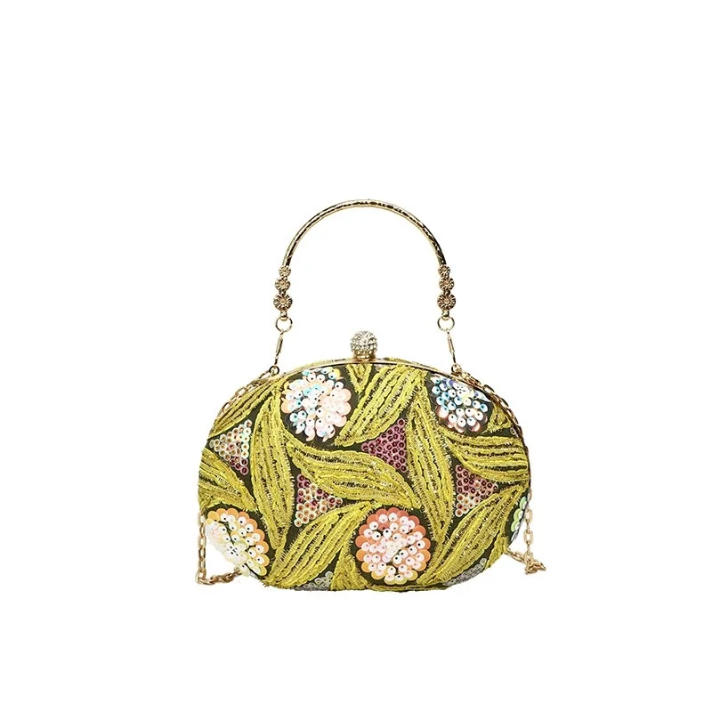 Spring New Chinese Style Evening Bag Mother's Bride/groom Fashion Sequins Handbags Retro Ellipse Clutch Purse Crossbody Chain