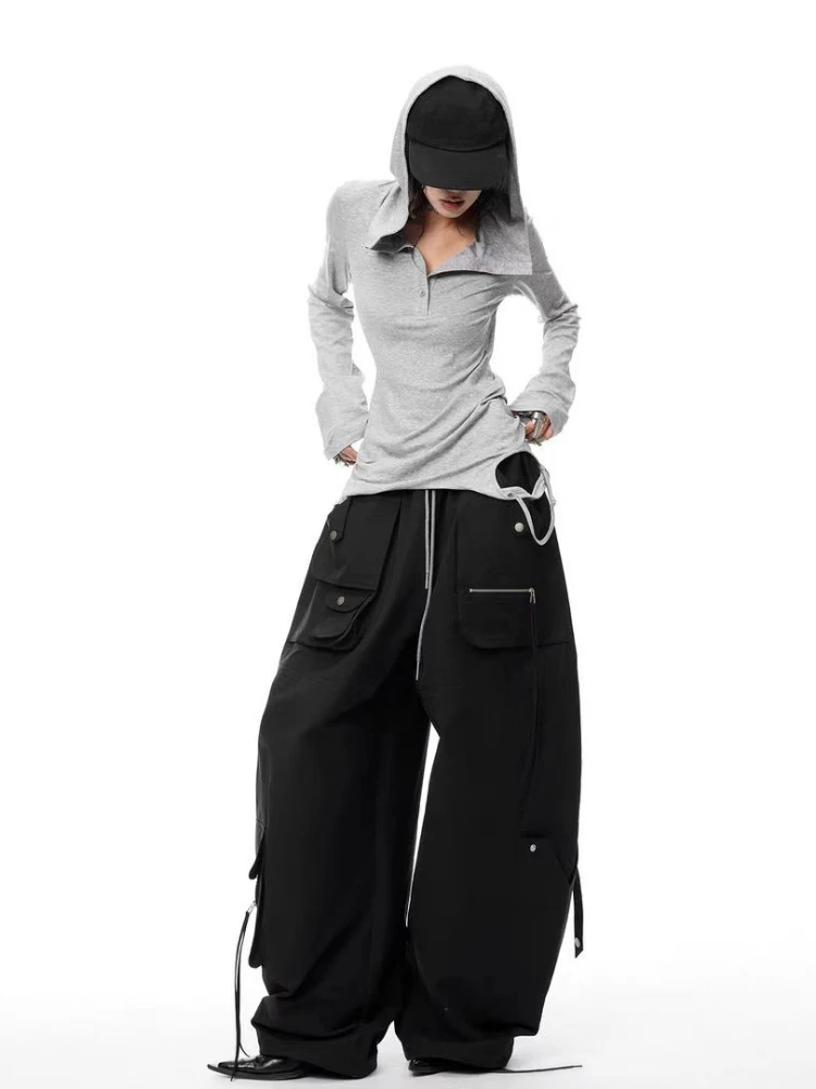 Y2K Aesthetic Hole Hooded Women T Shirt Harajuku Gothic Punk Vintage Button Spring Tops Streetwear Grunge Slim Fit Fairy Tees