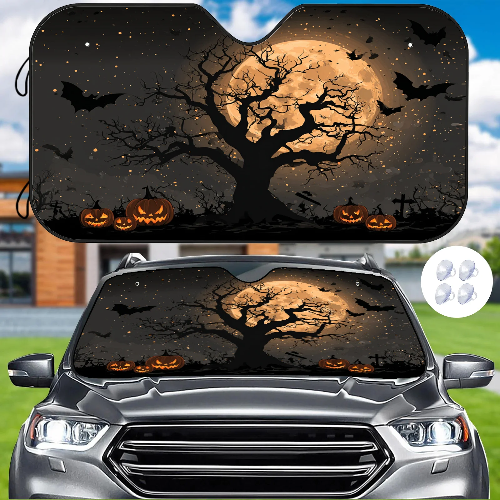 Halloween Withered Tree Pumpkin Car Sunshade, Dark Holiday Design, Heat Insulation And Heat Resistance, Stabilizes Car Interior