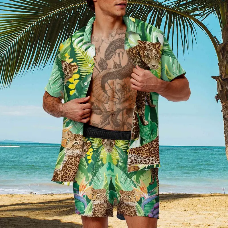 Männer Hawaii setzt Leoparden muster Kurzarm Knopf Hemd Strand Shorts Urlaub Herren zweiteiligen Anzug Strickjacke hochwertige Sommer