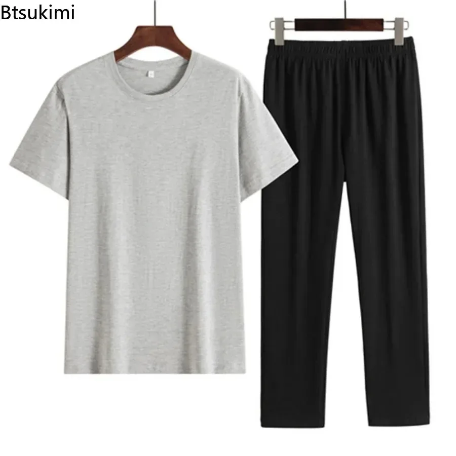 

Summer New Simple Tracksuit Outfit Men's Loose Short-sleeved O-neck T-shirt and Pants Two-pieces Men Fashion Cotton Casual Suits