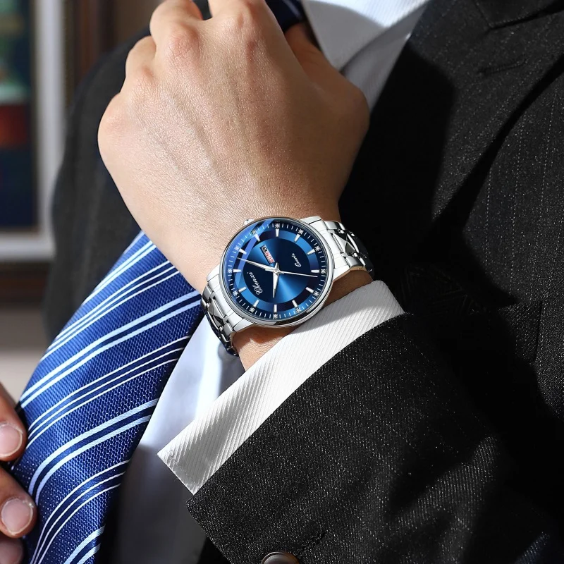 Chenxi 601 moda masculina relógio de quartzo calendário esportivo luminoso pulseira de aço inoxidável à prova dwaterproof água simples relógios de negócios para homem