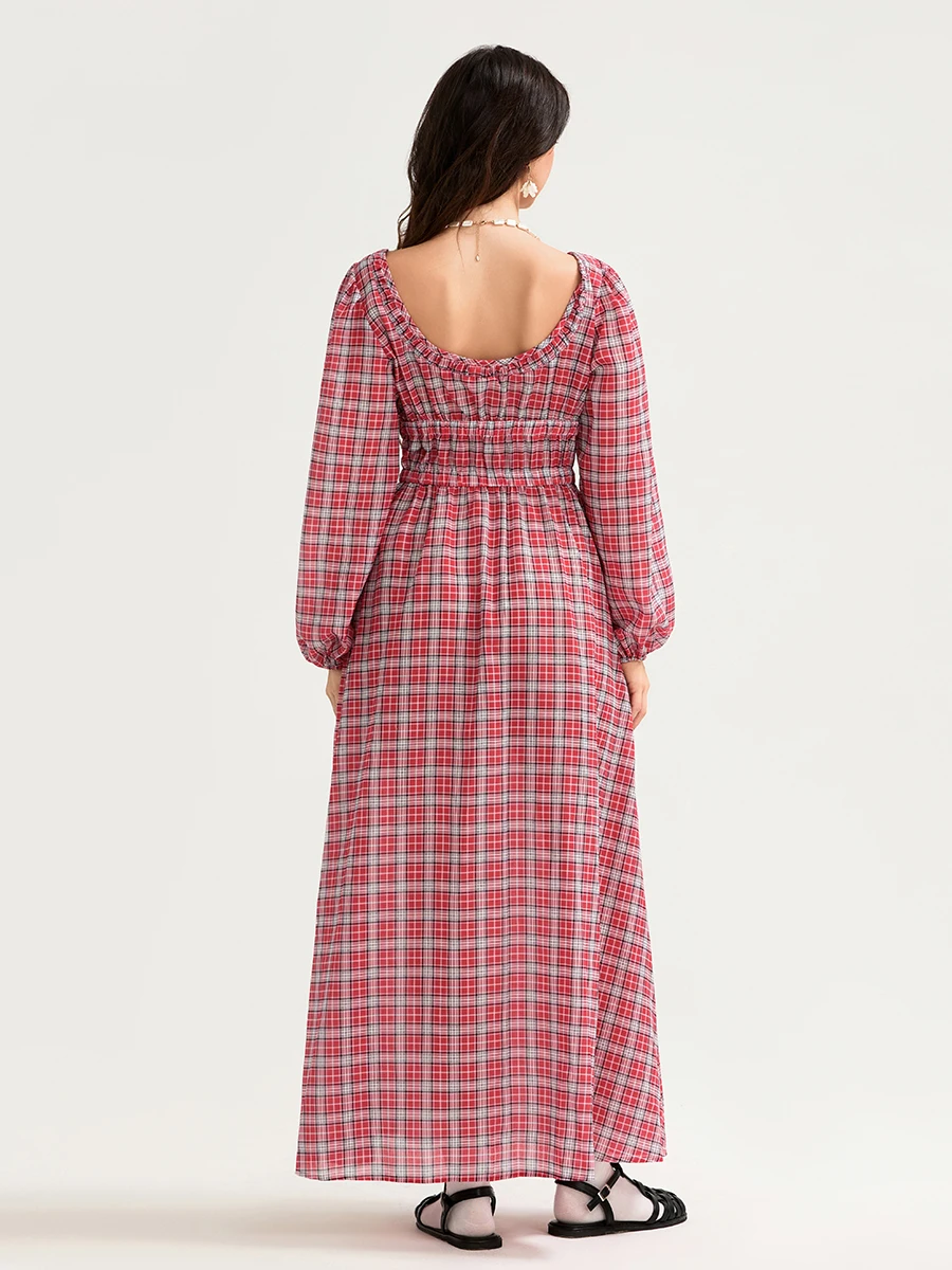 Elegant Plaid Maxi Dress with 3D Bows and Square Neckline Long Sleeves A-Line Silhouette Perfect for Fall Vintage Style