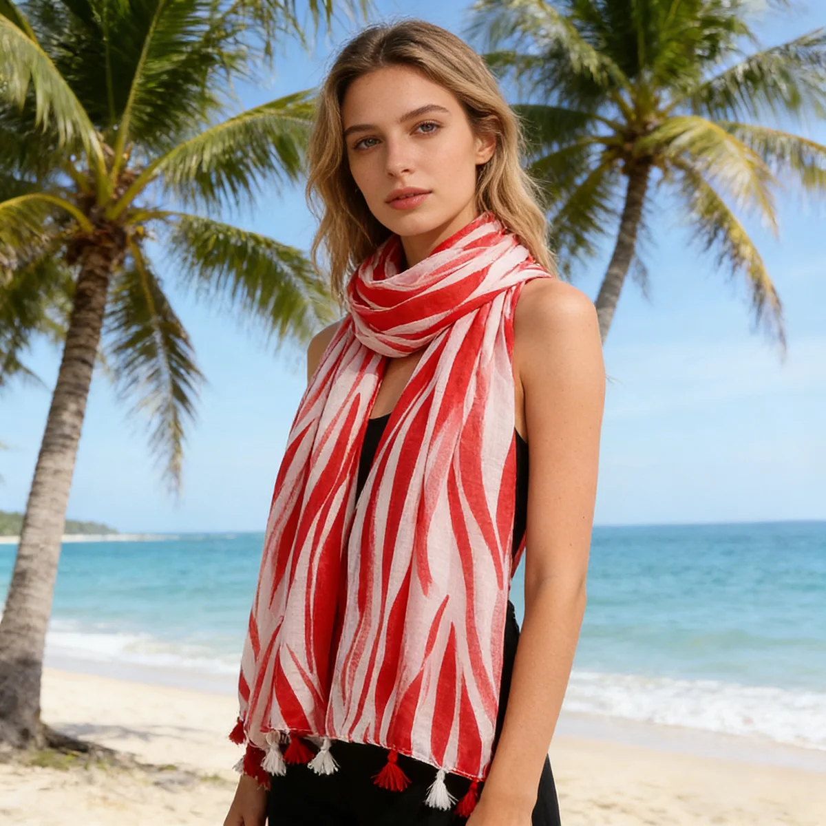 Women's Red White Stripe Scarf, Lightweight Polyester Neck Scarf, 88x180cm Tassel Shawl, Perfect for Daily & Vacation Outfits