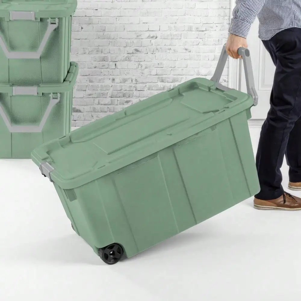 2 Pack 40 Gallon Wheeled Plastic Storage Bins Green Heavy Duty Rolling Storage Containers With Latch Lid Pull Handle Stackable Storage Tote Trunk For Garage Basement Home Organization Gift view 3