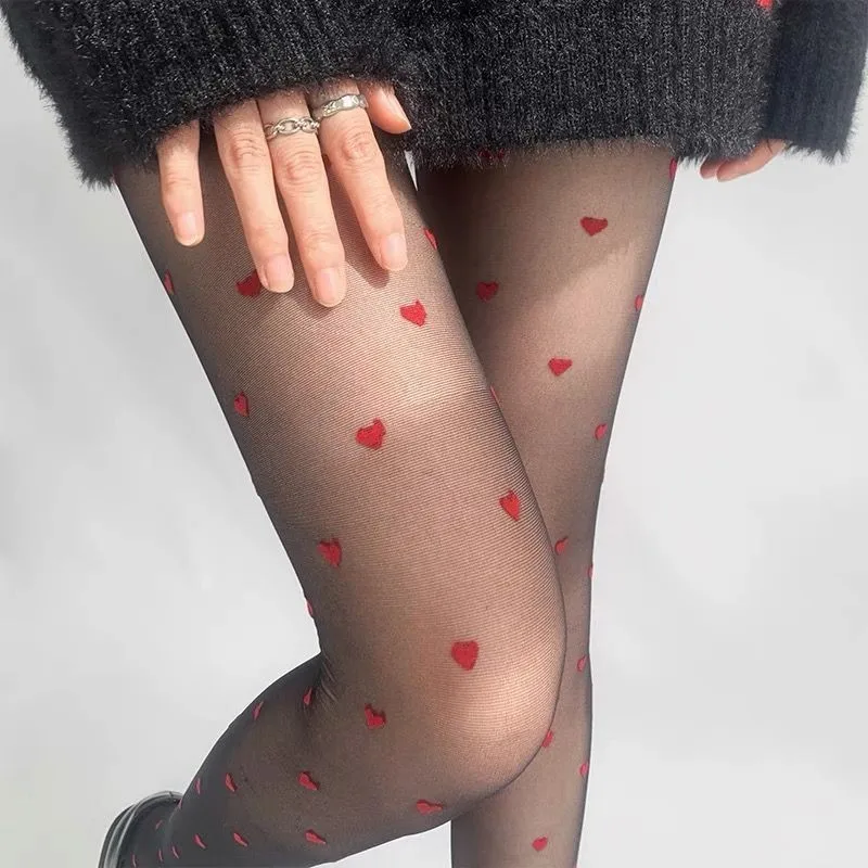 Medias de mujer ultrafinas rojas con puntos en forma de corazón pantimedias sexis transpirables cómodas medias largas negras para mujer