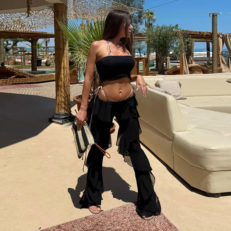 Chic Women's Solid Cascading Ruffles Flare Pants Chiffon High Waist Female Black Trousers 2026 Summer Lady All-match Trouser New