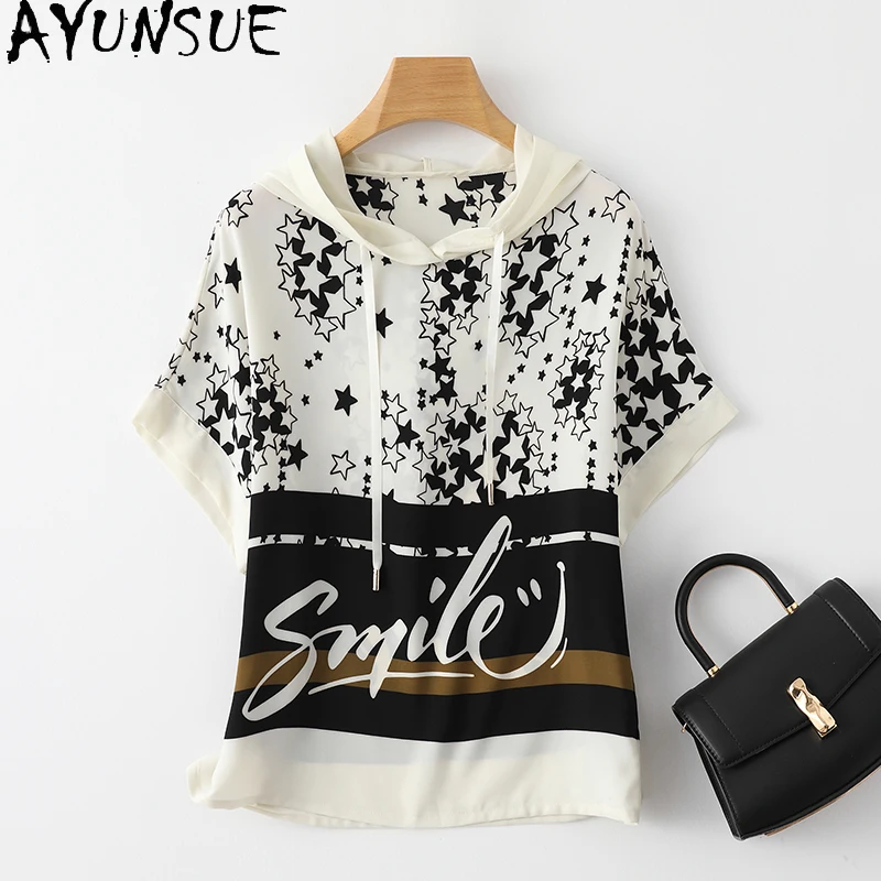 AYUNSUE 92% Genuine Mulberry Silk Shirt Women Hooded Short Sleeved Womens Summer Clothes New Fashion Shirts Blouses 2024 Tops