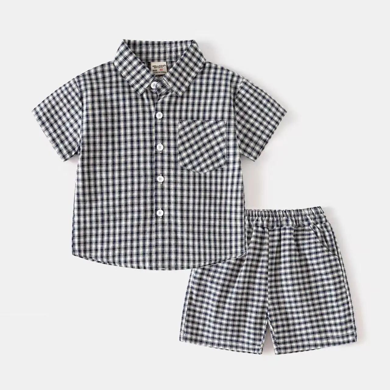 2026 Summer Korean Style Baby Boys Grid Outfits Cotton Shirts Shorts 2pcs Children Casual Loose Sets