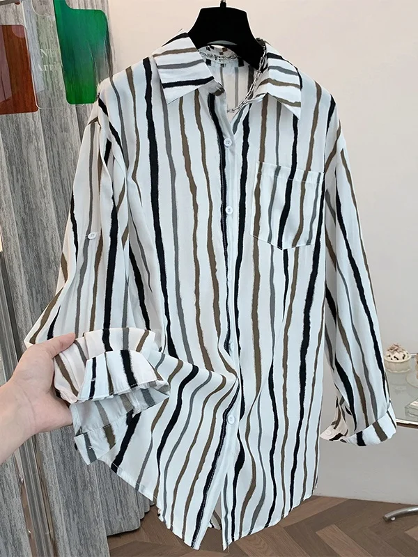 

Весна 2026: Женская свободная рубашка с длинным рукавом в полоску, повседневный стиль, большие размеры, открытый кардиган, модный и удобный крой