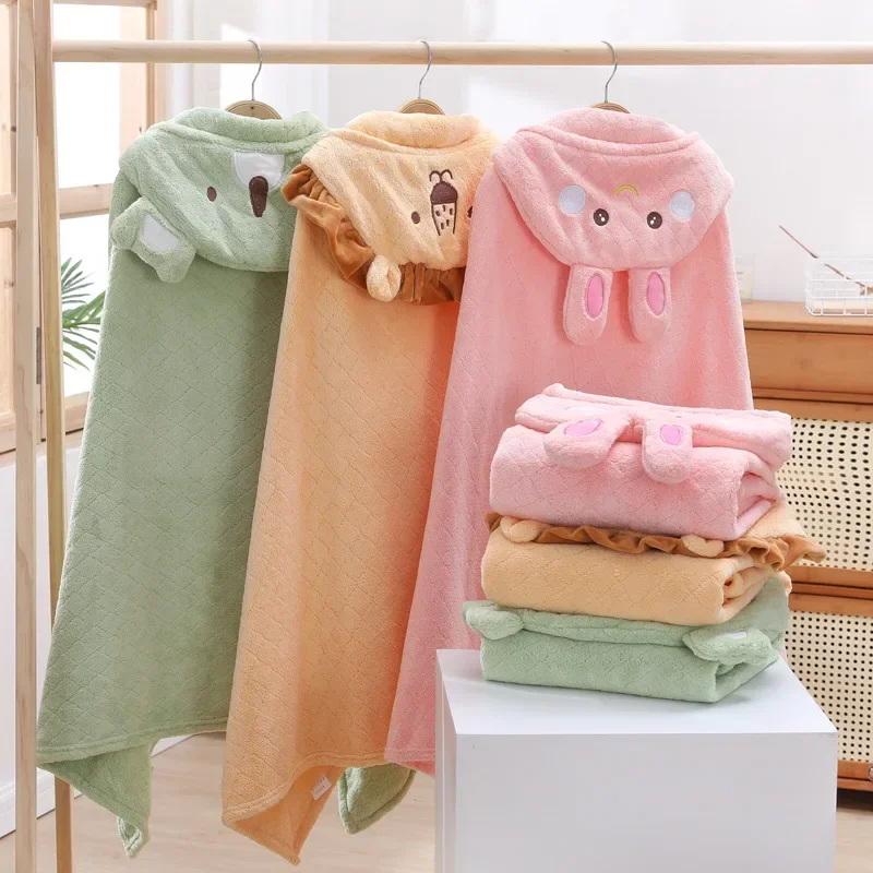 

Cute Children's Bath Towel Coral Fleece Cloak With Hat Cartoon Cape Absorb Water For Showering