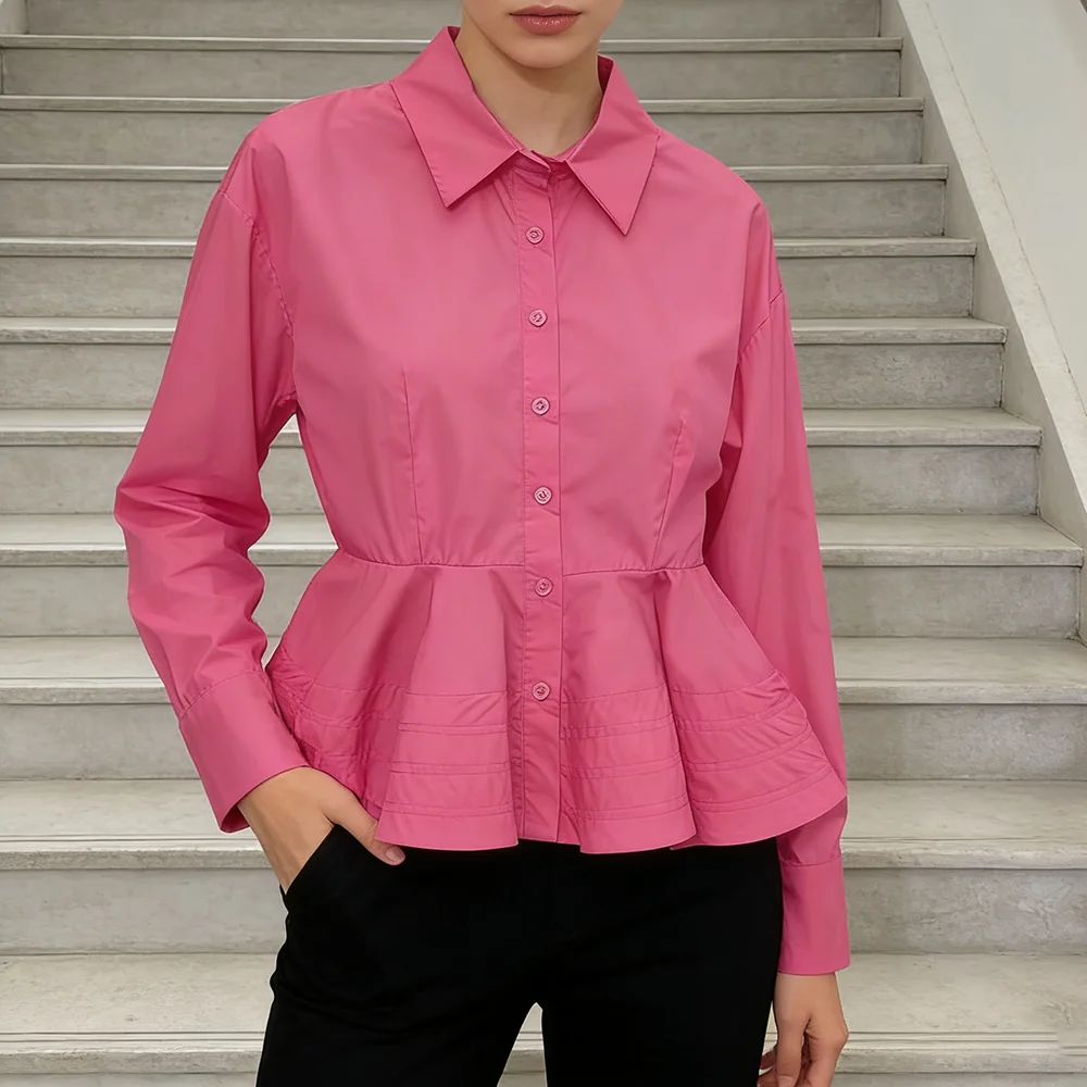 TWOTWINSTYLE Solid Spliced Folds Chic Shirt Female Lapel Long Sleeve Loose Elegant Literary Women's Shirts Autumn Fashion New