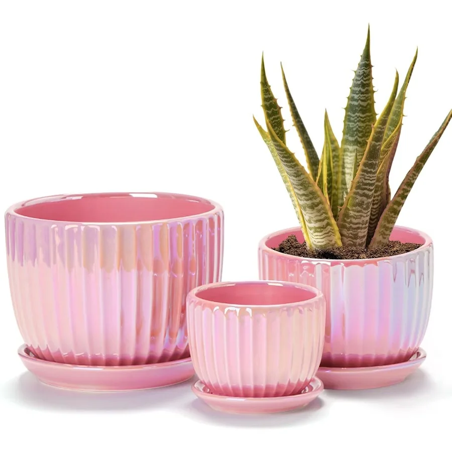 

Pink Gold Ceramic Flower Pots 4+5+6 Inch Small Glazed Succulent Planters with Drainage Hole Modern Indoor Drative Plant Pots Se