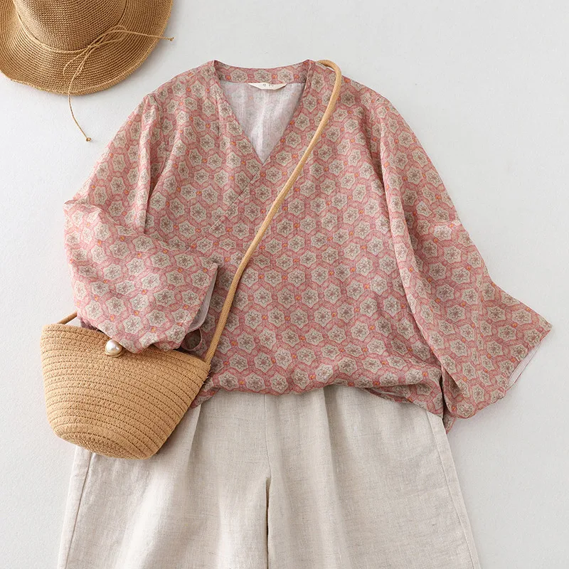 리미구에 민족풍 면 린넨 여름 셔츠 빈티지 플로럴 프린트 라미 블라우스 루즈 레이스업 가디건 통기성 여성 상의