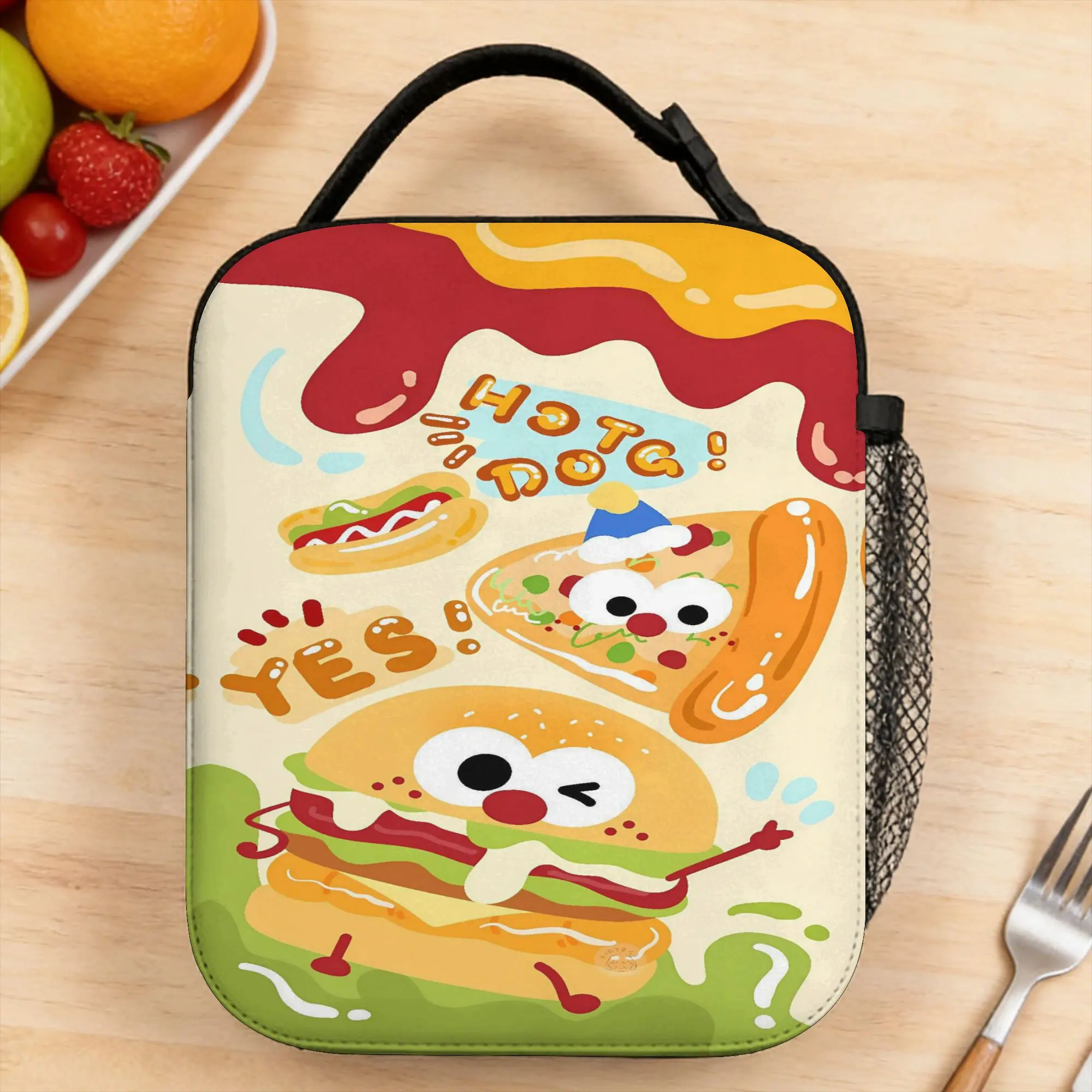 Happy Burger And Hot Dog Cartoon Pattern Lunch Bag School Portable Zipper Lunch Box For Girl Boy  Oxford Designer Cooler Bag
