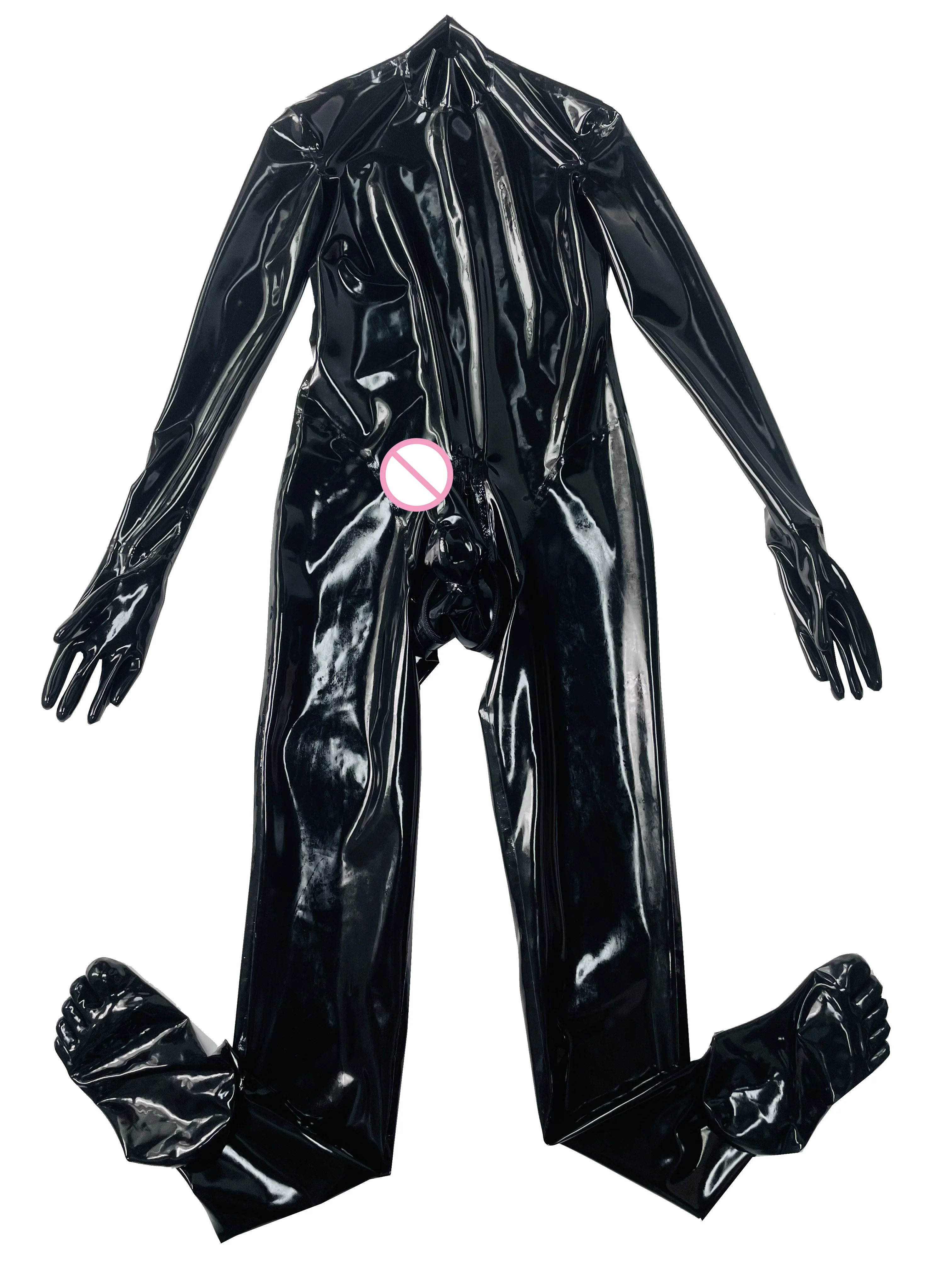 LATEX CATSUIT WITH GLOVES TOES COPIECE HIDDEN TWO SHEATH NO ZIP NECK ENTRY