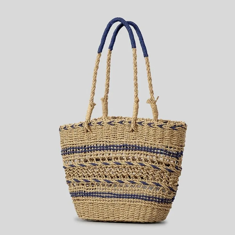 Strandstijl Holle Draagtas Dames Niche Contrasterende Kleur Vakantie Winkelmand Grote Geweven Handtas Vlecht Schouder Bolsos