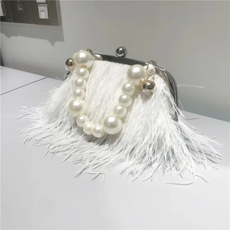 Luxury Design Women's Pearl Chain Handbags Faux Ostrich Fur Evening Bags Fashion Pink Purses Furry Clutch with Crossbody Chain - view 4