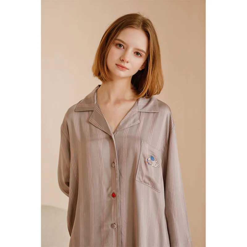 2023 Women\'s Satin Long Sleeve Pajamas Pocket Embroidery Cupid\'s Arrow Trousers Home Suit Viscose Loungewear 2 Piece Nightwear