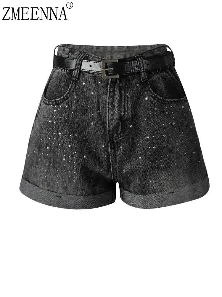 

ZMEENNA Women's High Waisted Black Denim Shorts With Embellishments And Belt Cuffed Hem Casual Sparkle Summer Jean ZM3234