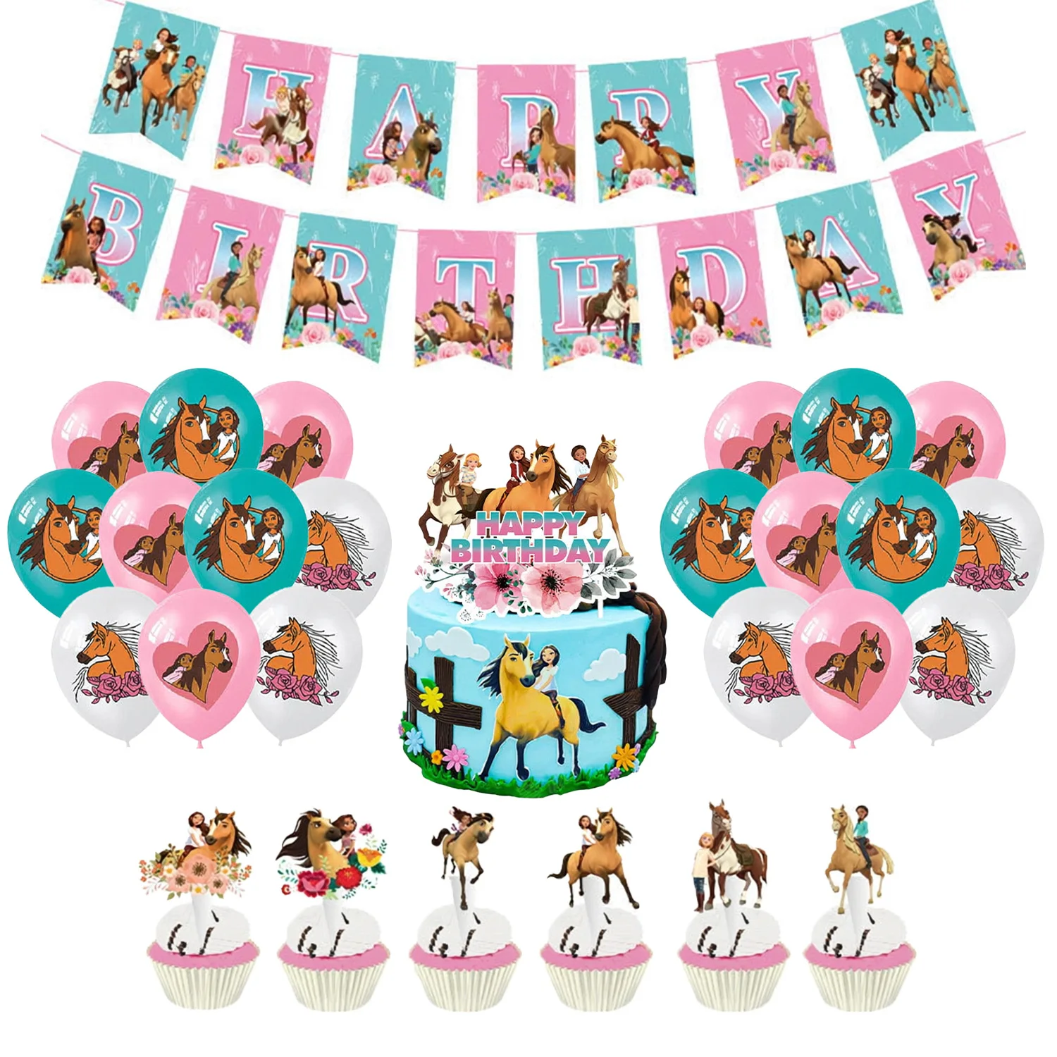 Spirit Riding Horse Theme Girls Birthday Party Supplies Cups Tablecloth Banner Cup Cake Toppers Kids Birthday Decoration