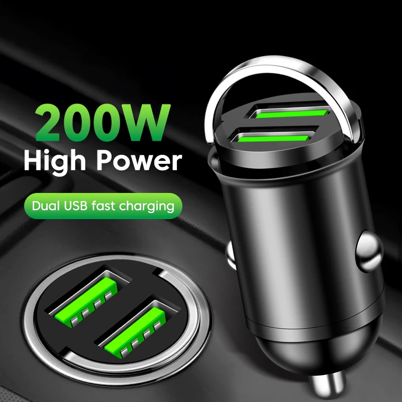 Carregador de Telefone para Carro com USB Duplo 200W QC3.0, Carregador Rápido USB com Anel de Puxar e Adaptador para Acendedor de Cigarros para Celulares