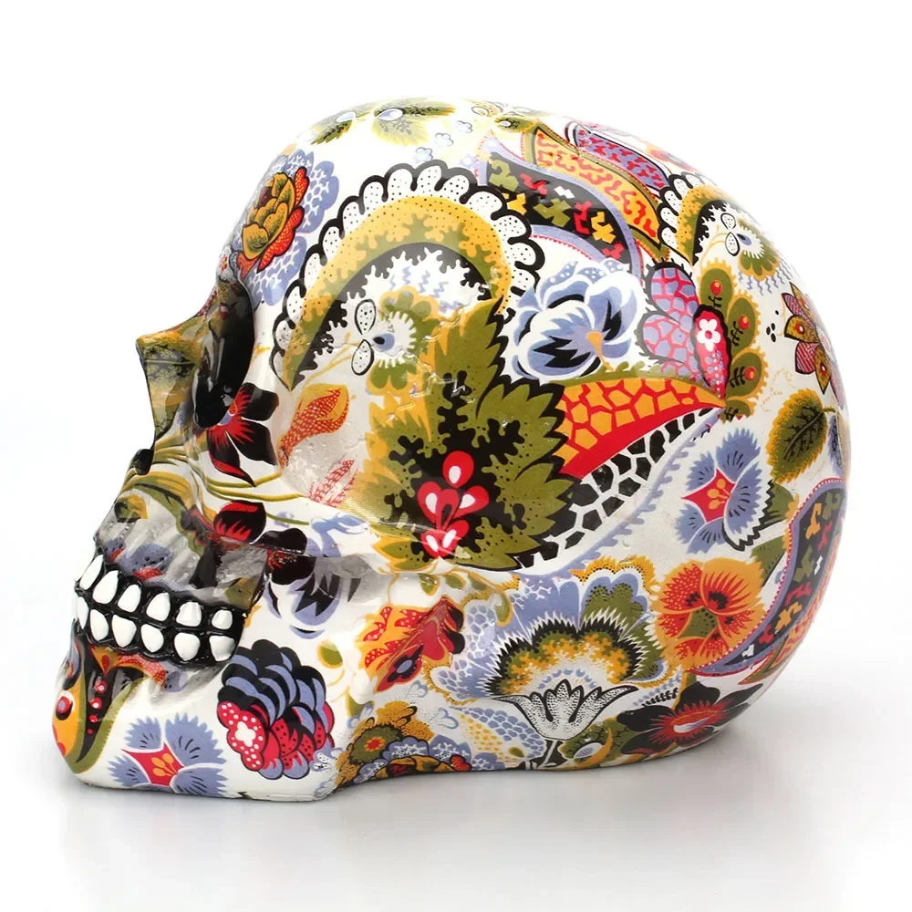1pc, Horror Skull Decoration Resin Color Flower Painting Halloween Skull Home Bar Table Desktop Decoration Craft Gift