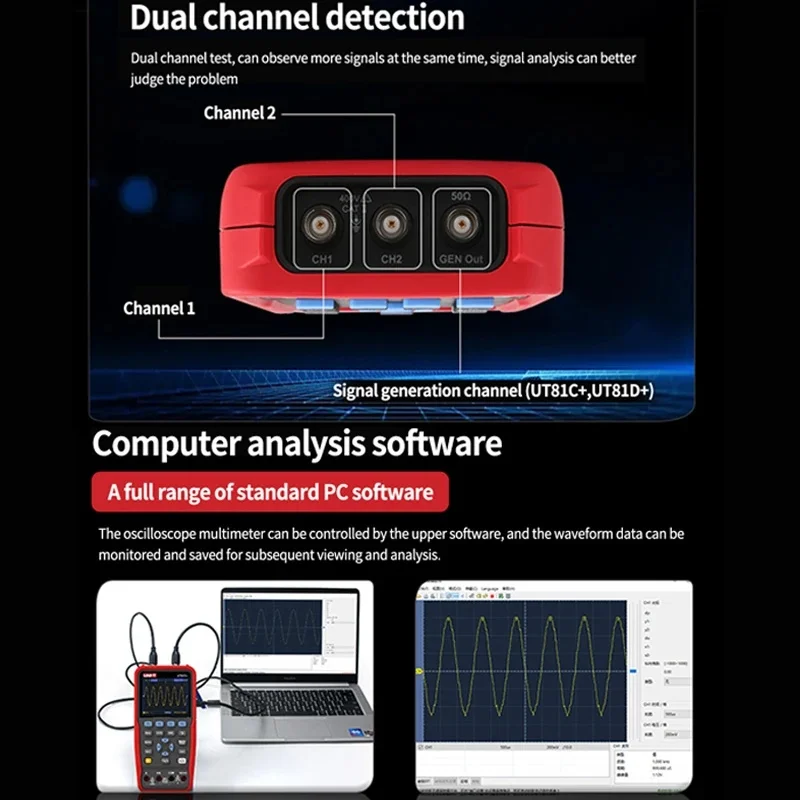 UNI-T UT81A+ UT81B+ Digital Oscilloscope Multimeter UT81C+ UT81D+ Portable Signal Generator 50MHZ 100MHZ Dual Channels