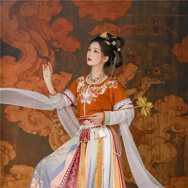 Costume de Cosplay Hanfu pour Femme, Demi-Bras, Taille, Trempé Tang, brevdes Prairies, Élégant, Broderie de Princesse, Ensemble de 4 Pièces