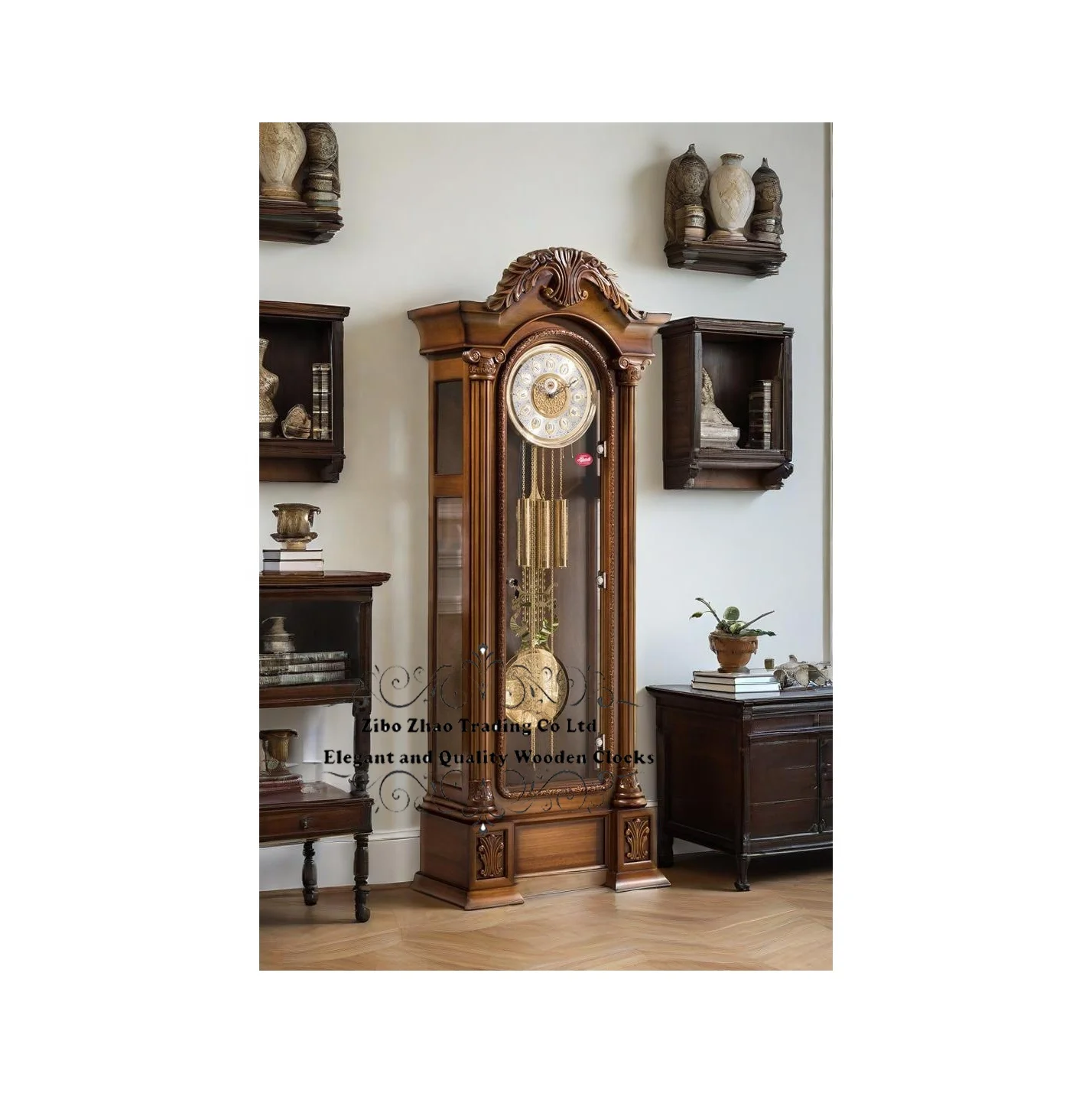 Handmade German Antique Luxury Grandfather Floor Clock Of Solid Oak With Carvings Side Walls Lateral Windows Mechanical Movement