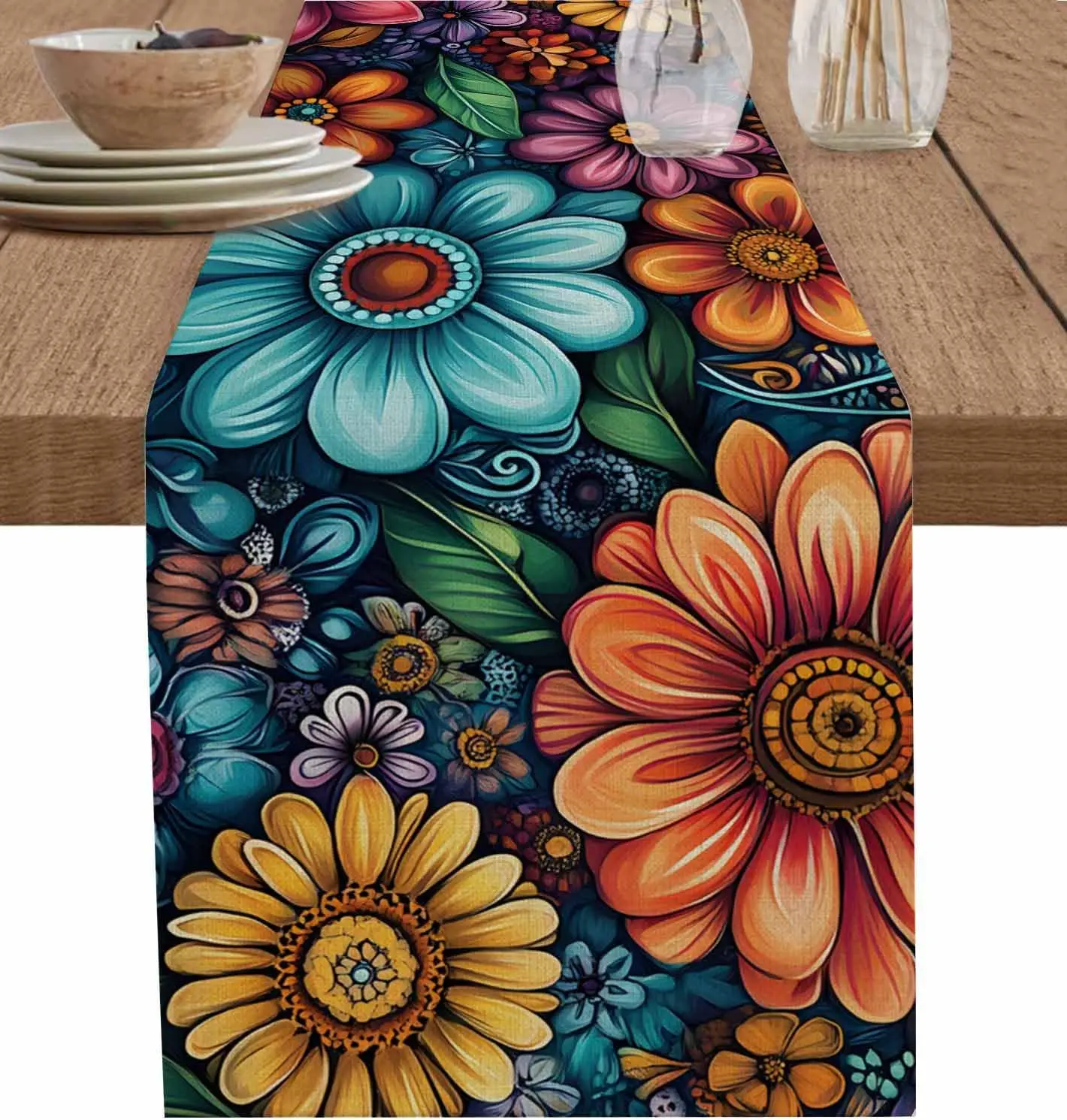 Bohemia Flowers Linen Table Runner Dresser Scarf Decor Reusable Farmhouse Kitchen Dining Table Runner Holiday Party Decor