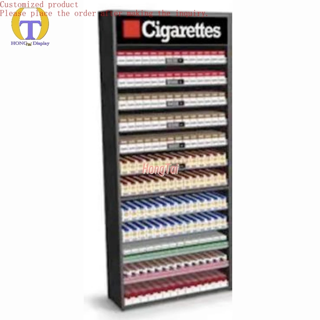 

Custom.Quickly Shipment Source Factory Smoke Shop Metal Showcase LED Lighting With Acrylic Pusher Tobacco Stand Shelf