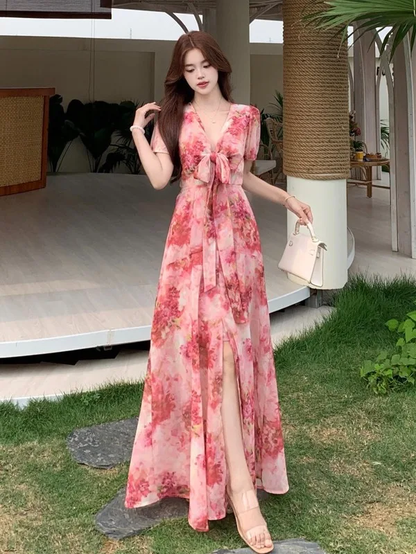 

plus Size Floral V-Neck Knot Short Sleeve Dress Women's Summer New Waist Cinching Holiday Style A-Line Skirt