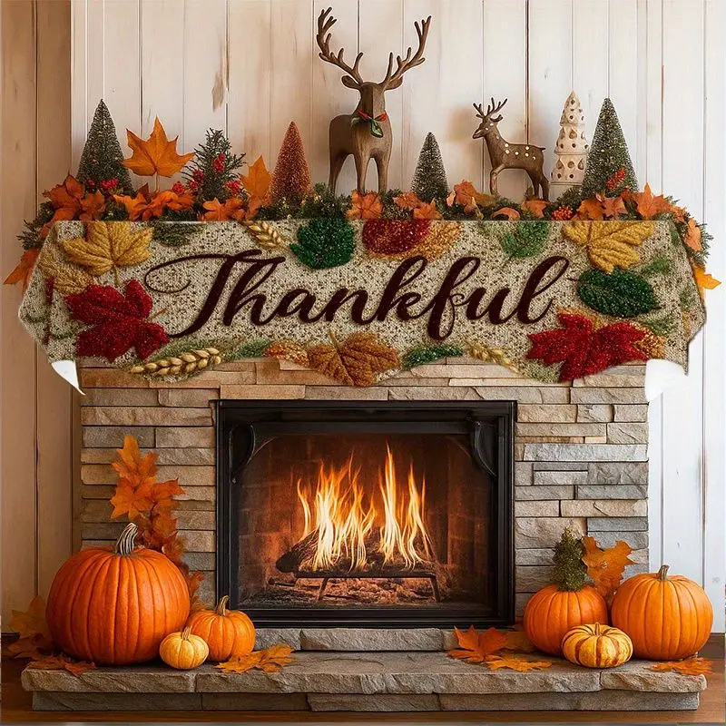 VIKAMA Fall Mantel Scarf Harvest Maple Leaf Grain Pattern Fireplace Top Runner For Thanksgiving Indoor Home Decor