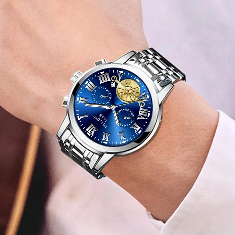 Luxury Fashion Mens Watches Luminous Waterproof Silver Stainless Steel Watch Men Date Calendar Business Quartz Wrist Watch