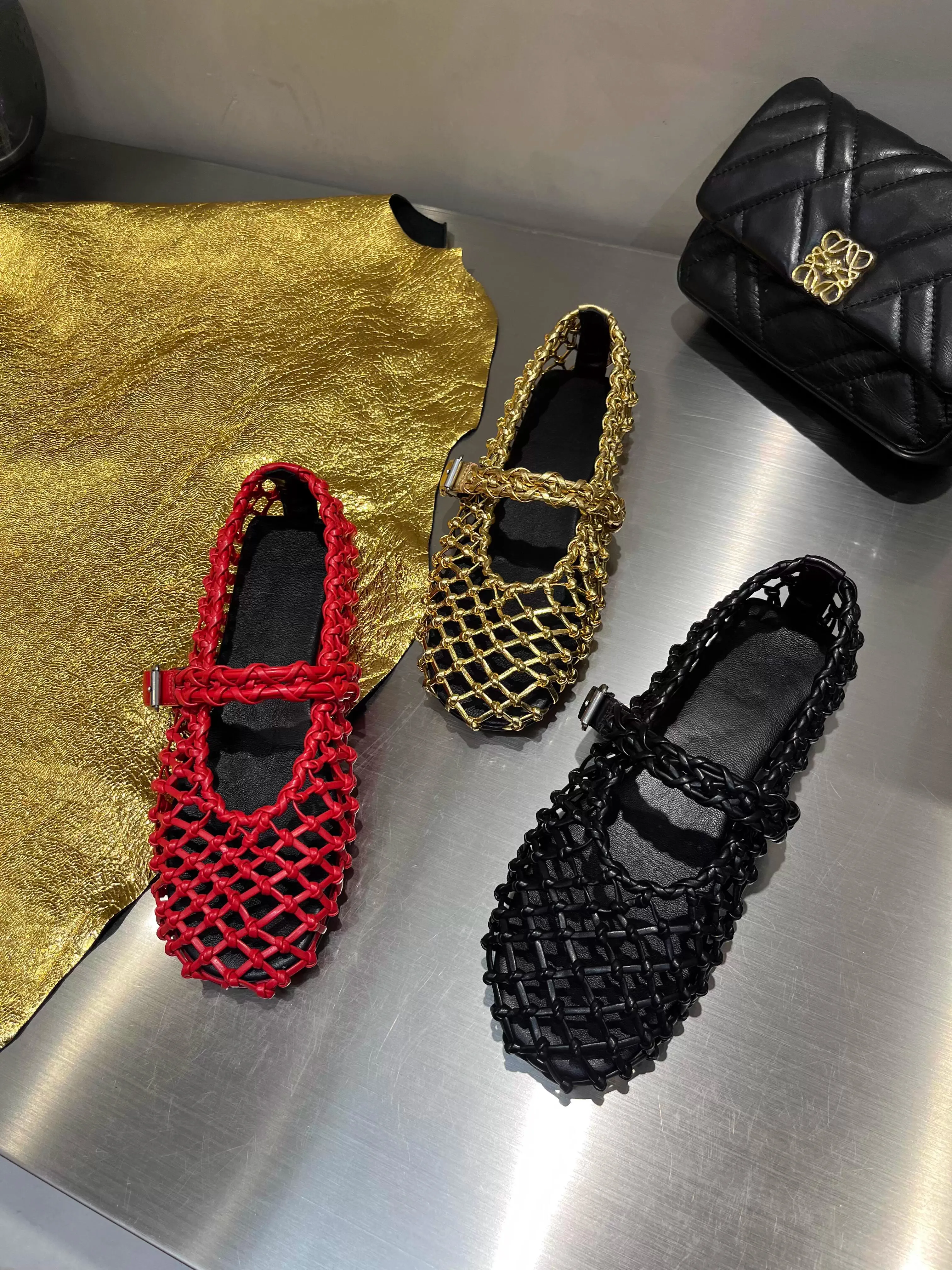 

Woven Hollow Buckle Mary Jane Sandals Low-Heeled Fashionable Versatile Mesh Flats Comfortable Breathable Women's Shoes