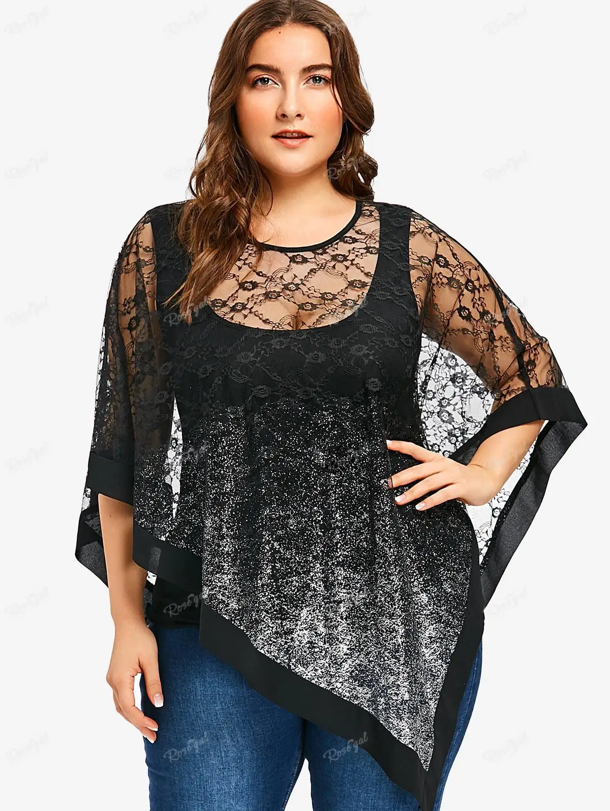 

ROSEGAL Plus Size Asymmetric Sheer Lace Overlay T-shirt Black U Neck Casual Top Women Summer New High Street Handkerchief Tee