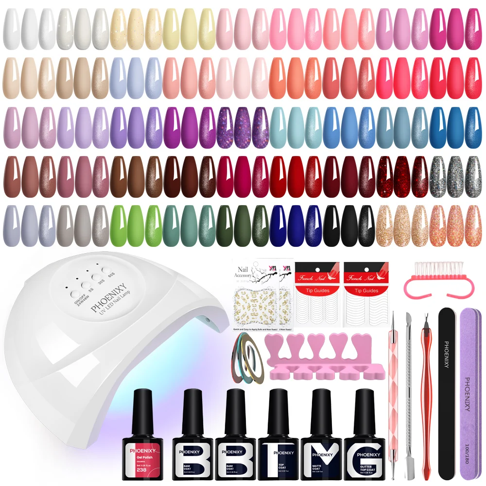 PHOENIXY Nagelgel Set 24/36/45PCS 8ML Gel Nagellak met 48W Lamp Semi Permanente Gel Vernis Basis Matte Glitter Top Coat Set