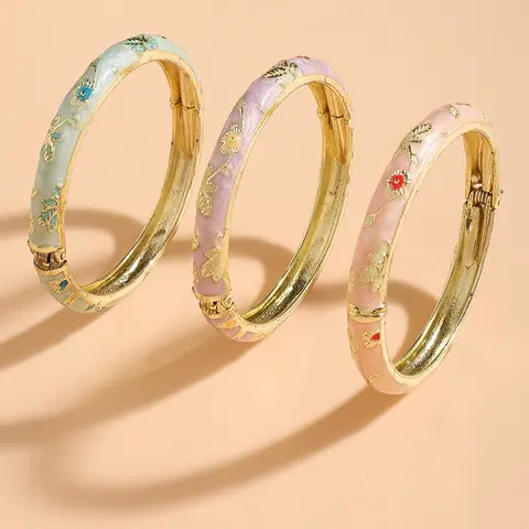 FTCY  3 Pcs Fine small Flower enamel bracelet For Women  Retro Cloisonne Bangle Gold Color Plated Bracelet For Girls Luxury Jewe