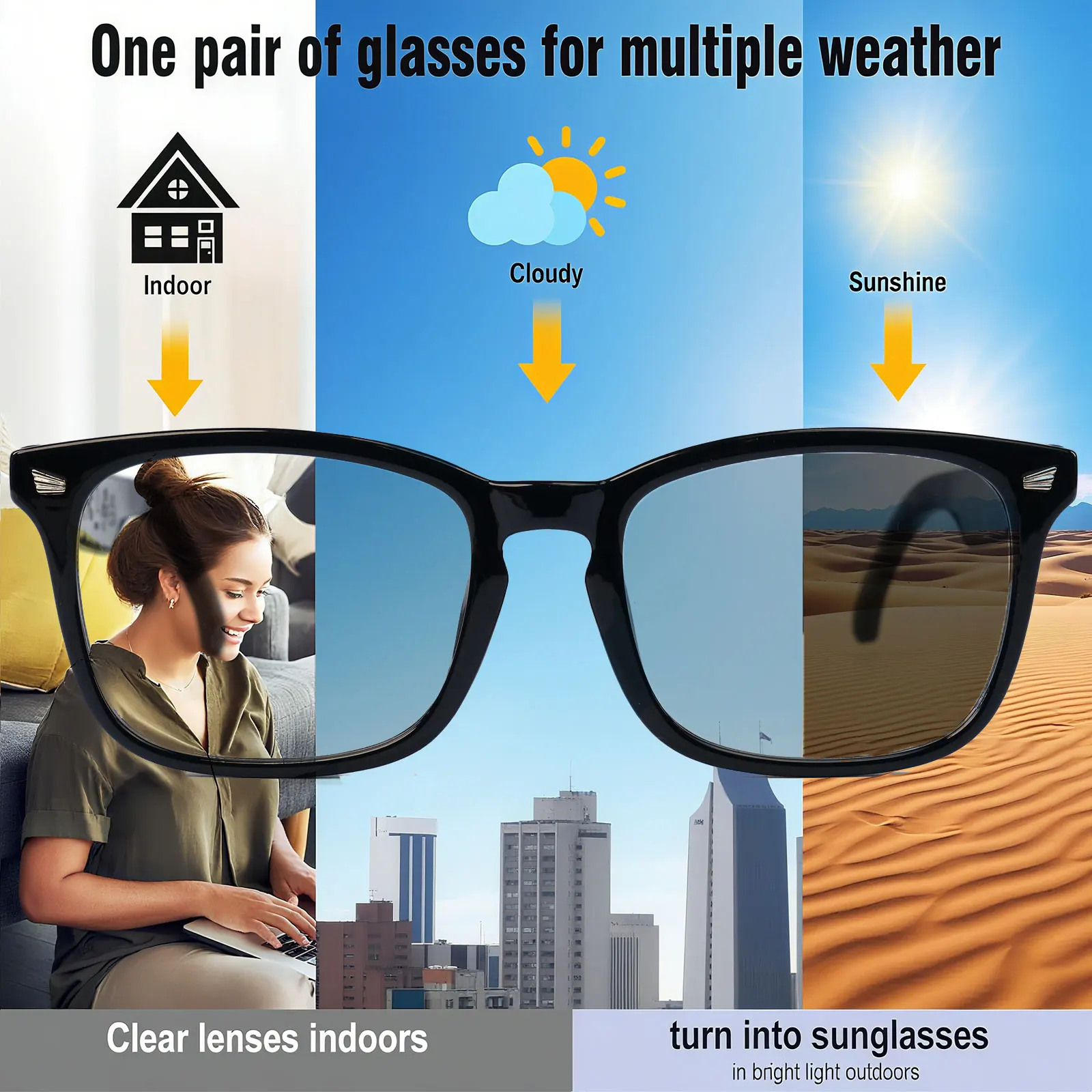 

Audio glasses, translation glasses, music playback, phone calls, app translation, photochromic lenses, touch controls.