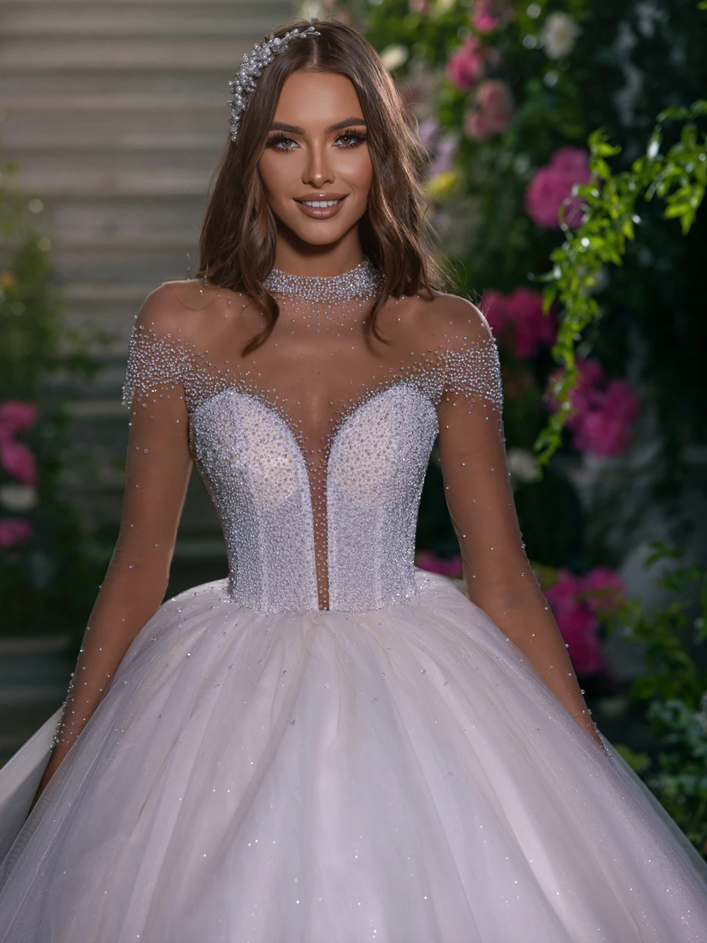 Ilusão do vintage alta pescoço vestido de baile vestido de casamento miçangas pérolas pescoço ilusão mangas completas tule noiva vestidos de noiva