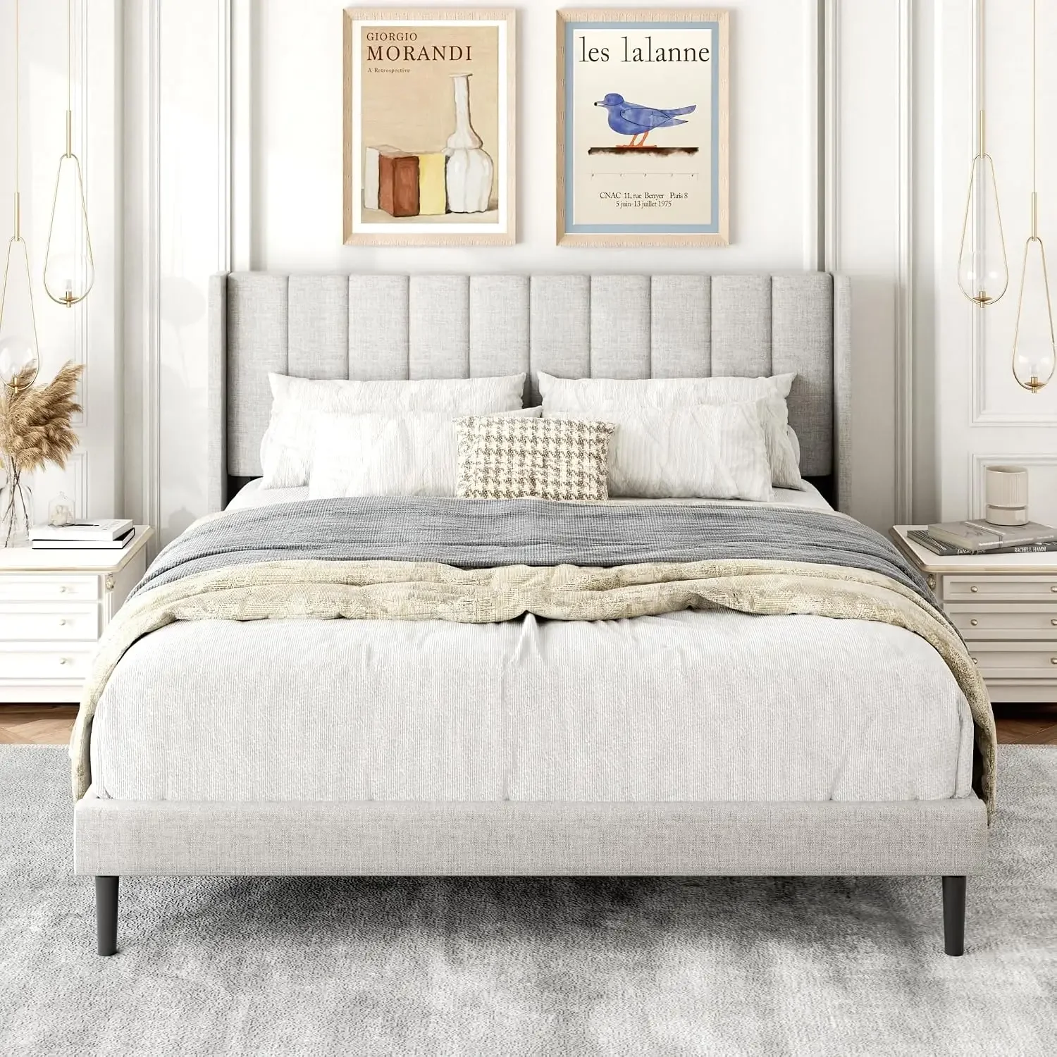 Queen Size Bed Frame with Upholstered Wingback Headboard, Easy Assemnly Platform Bed, Wooden Slat Support No Box Spring