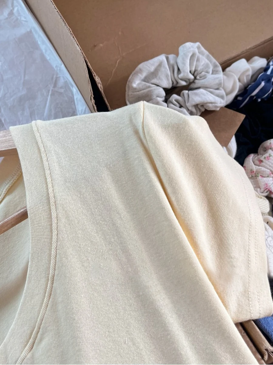 الحلو زر الأصفر سليم تي شيرت الصيف الخامس الرقبة القطن الأساسية قصيرة الأكمام تيز المرأة خمر نمط Preppy بلايز بسيطة بلايز جديد #5