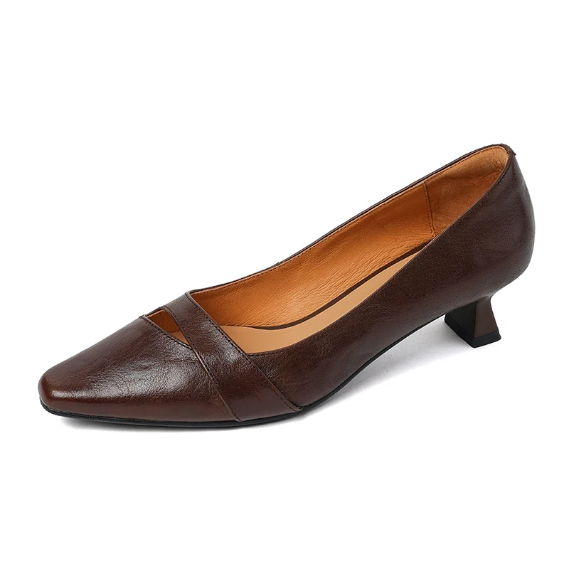 Spring Summer New Vintage Women Pumps Slip on Kitten Heels Cowhide Shoes Cozy Med Heels French Style Women Shoes on Heel 4.5 CM